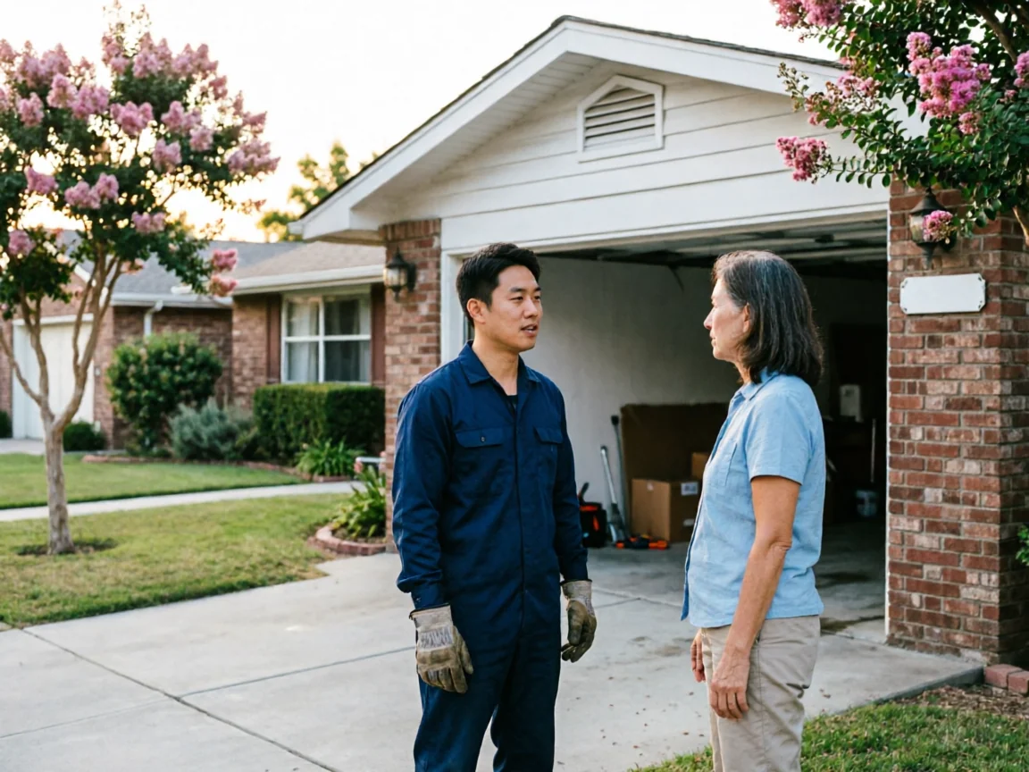 A technician in a blue uniform talks to a woman in front of a garage.