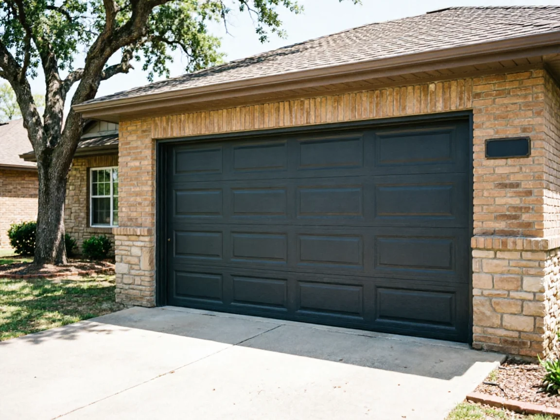 A dark gray garage door is on a brick house with a tree.